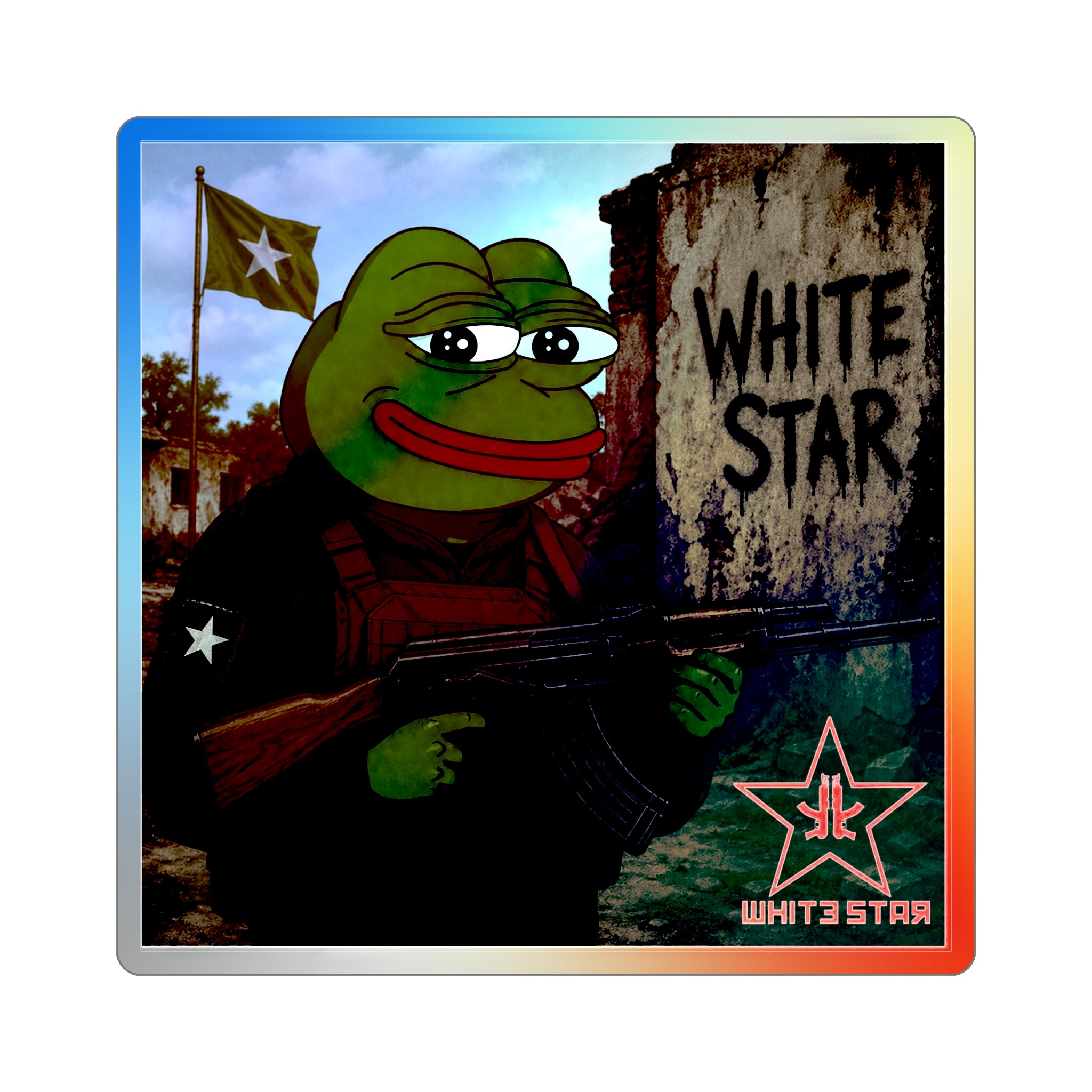Holographic Die-Cut Sticker — 'White Star' Pepe Design
